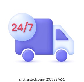3D 24,7 hours delivery illustration. Express delivery, shipping, truck icon, quick move. Fast delivery concept. Trendy and modern vector in 3d style.