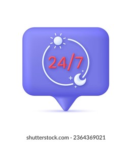 3D 24,7 illustration. 24,7 service concept on Speech Bubble. 24 hours phone support illustration. Hotline customer service concept. Call center. Trendy and modern vector in 3d style.