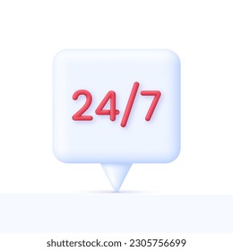 3D 24,7 on Speech Bubble. 24,7 service concept. 24 hours phone support illustration. Hotline customer service concept. Call center. Trendy and modern vector in 3d style.