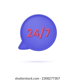 3D 24,7 on Speech Bubble. 24,7 service concept. 24 hours phone support illustration. Hotline customer service concept. Call center. Trendy and modern vector in 3d style.