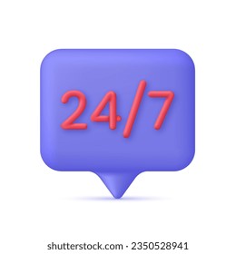 3D 24,7 on Speech Bubble. 24,7 service concept. 24 hours phone support illustration. Hotline customer service concept. Call center. Trendy and modern vector in 3d style.