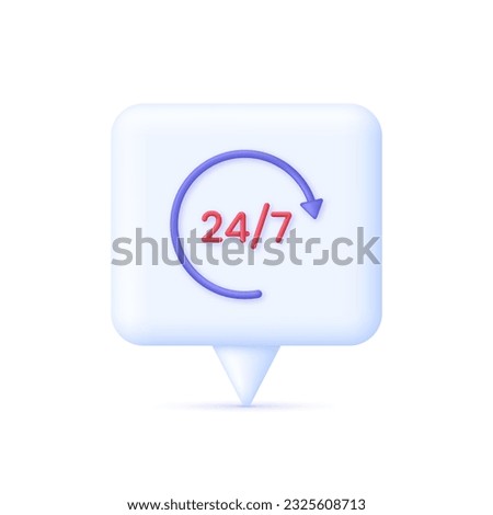 3D 24,7 on Speech Bubble. 24,7 service concept. 24 hours phone support illustration. Hotline customer service concept. Call center. Trendy and modern vector in 3d style.
