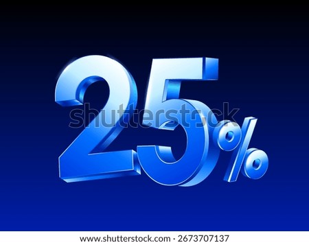 3d 25% or 25 percent rendered in blue metal style, vector illustration. Twenty five percent icon in 3d vector