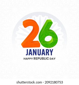 3D 26 Number Of January With Ashoka Wheel On White Mandala Pattern Background For Happy Republic Day Concept.