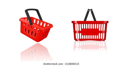 Carro De Compras Rojo Realista 3D Y 2D Volando Sobre Fondo Blanco. Vector EPS10