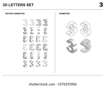 3d 3 Number Letters Set Animate Isometric Wireframe Vector