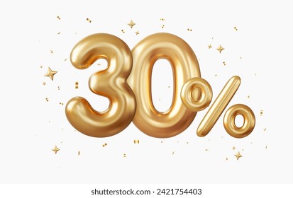 3d 30 percent off discount promotion sale made of realistic Gold helium balloons. 3d rendering. Vector illustration