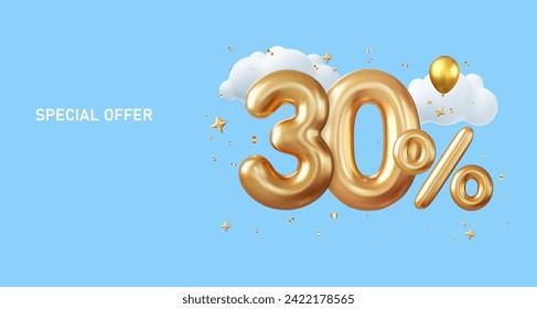 3d 30 Prozent Rabatt Promotion Verkauf aus realistischen Gold Helium Ballons. Verkaufen Sie Banner und Poster. 3D-Darstellung. Vektorgrafik