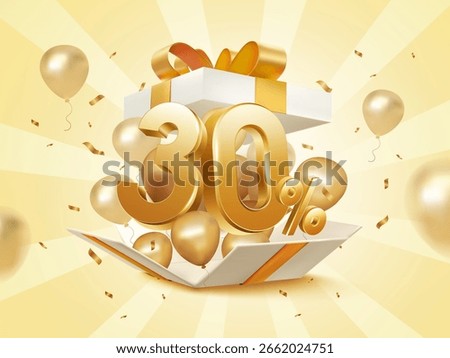 3d 30% percent off with exploded gift box, flying balloons and confetti effect, isolated on background. Discount gift banner template in 3d vector