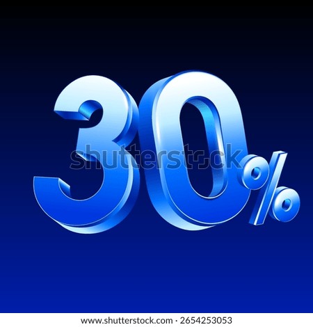 3d 30% or 30 percent rendered in blue metal style, vector illustration. 30 percent icon in 3d vector