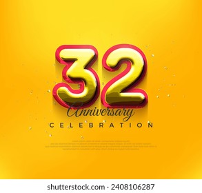 Diseño 3d 32º aniversario, diseño vectorial premium en color amarillo moderno. Fondo vectorial premium para saludos y celebraciones.