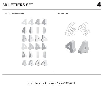 3d 4 Number Letters Set Animate Isometric Wireframe Vector