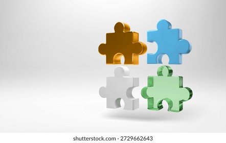 3D 4 Puzzleteile schweben. Business Team Match-Konzept. Puzzlespiel Teile gespalten, aber passen zusammen. Partnerschaft abstrakte Rendering in Gold, Blau und Glasgrün. Teamwork-Strategie zur Vernetzung von Ideenlösungen
