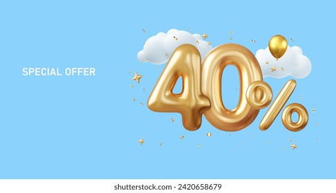 3d 40 percent off discount promotion sale made of realistic Gold helium balloons. Sale banner and poster. 3d rendering. Vector illustration