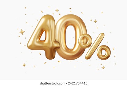 3d 40 percent off discount promotion sale made of realistic Gold helium balloons. 3d rendering. Vector illustration