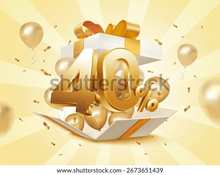 3d 40 percent off with exploded gift box, flying balloons and confetti effect, isolated on background. 40% Discount gift banner template in 3d vector