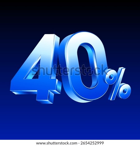 3d 40% or 40 percent rendered in blue metal style, vector illustration. 40 percent icon in 3d vector