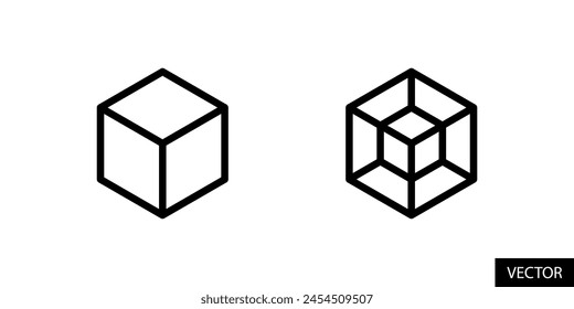 3D and 4D cube, three dimensional and four dimensional cube, hexahedron, tesseract icons in line style design for website, app, UI, isolated on white background. Editable stroke. EPS 10 vector.