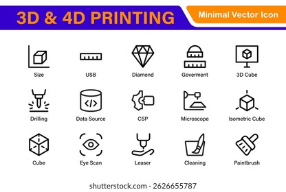 Ícones de impressão 3D e 4D - Ilustrações de contorno, vetor e arte de linha para projetos de tecnologia de impressão, protótipo, design, engenharia e inovação