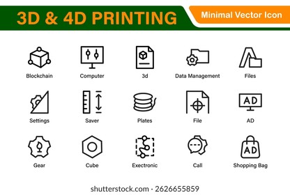 Ícones de impressão 3D e 4D - Ilustrações de contorno, vetor e arte de linha para projetos de tecnologia de impressão, protótipo, design, engenharia e inovação