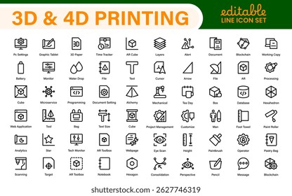 Ícones de impressão 3D e 4D - Ilustrações de contorno, vetor e arte de linha para projetos de tecnologia de impressão, protótipo, design, engenharia e inovação