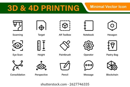 Ícones de impressão 3D e 4D - Ilustrações de contorno, vetor e arte de linha para projetos de tecnologia de impressão, protótipo, design, engenharia e inovação