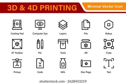 Ícones de impressão 3D e 4D - Ilustrações de contorno, vetor e arte de linha para projetos de tecnologia de impressão, protótipo, design, engenharia e inovação