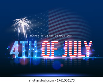 3D 4th Of July Text in American Flag Color with Firework on Shiny Blue Background for Happy Independence Day Concept.