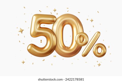 3d 50 percent off discount promotion sale made of realistic Gold helium balloons. 3d rendering. Vector illustration