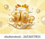3d 50 percent off with exploded gift box, flying balloons and confetti effect, isolated on background. Discount gift banner template in 3d vector