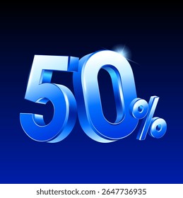 3d 50% or 50 percent rendered in blue metal style, vector illustration. 50 percent icon in 3d vector