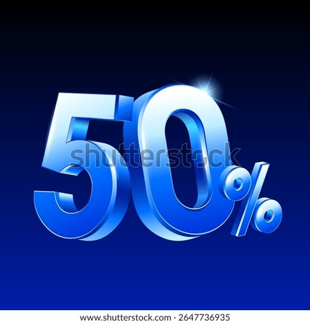 3d 50% or 50 percent rendered in blue metal style, vector illustration. 50 percent icon in 3d vector