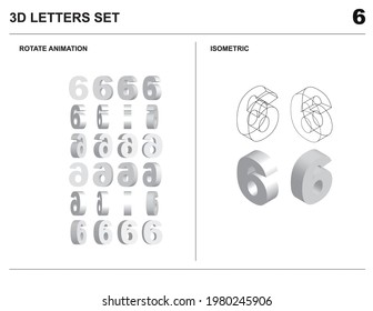3d 6 Number Letters Set Animate Isometric Wireframe Vector