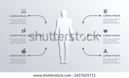 3D 6 Step Human Body Medical Infographic, Biology Flowchart with Surgical Timeline and Anatomy Illustration