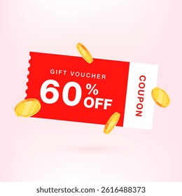 3D 60% off Gift voucher with coupon. coupon vector. discount coupon. Gift card coupon 3d design with discount percent. 