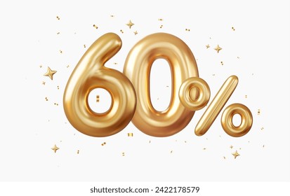 3d 60 percent off discount promotion sale made of realistic Gold helium balloons. 3d rendering. Vector illustration