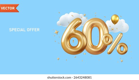 3d 60 percent off discount promotion sale made of realistic Gold helium balloons. Sale banner and poster. 3d rendering. Vector illustration
