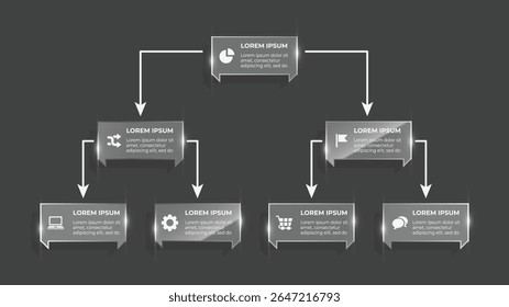 Fluxograma 3D de 7 etapas com setas e efeito de vidro — Infográfico circular de negócios para visualização de dados e linha de tempo