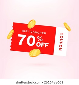 3D 70% off Gift voucher with coupon. coupon vector. discount coupon. Gift card coupon 3d design with discount percent. 