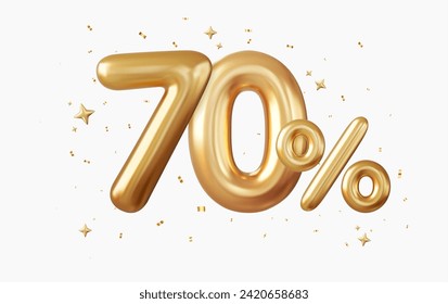 3d 70 percent off discount promotion sale made of realistic Gold helium balloons. 3d rendering. Vector illustration