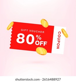 3D  80% off Gift voucher with coupon. coupon vector. discount coupon. Gift card coupon 3d design with discount percent. 