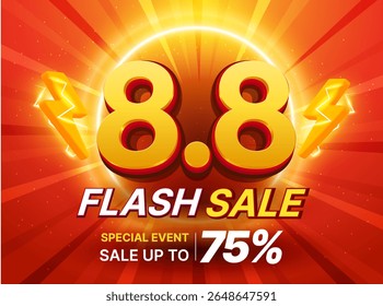 3d 8.8 modelo de banner de venda flash com 8 de agosto, ícone de raio, isolado no fundo vermelho com efeito de luz.