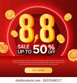 3d 8.8 flash venda banner modelo com agosto 8, ilimitado voando moedas de ouro, isolado no fundo vermelho com efeito de luz.