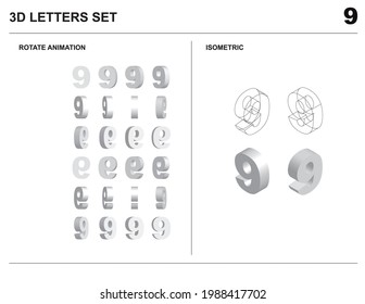 3d 9 Number Letters Set Animate Isometric Wireframe Vector