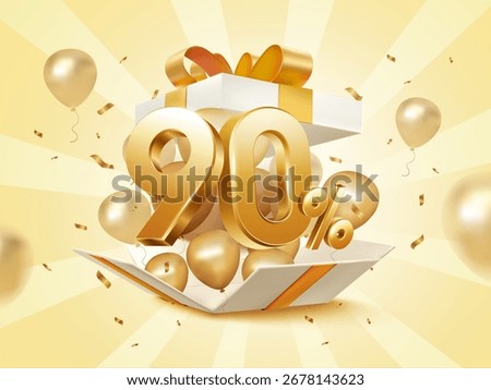 3d 90 percent off with exploded gift box, flying balloons and confetti effect, isolated on background. Discount gift banner template in 3d vector