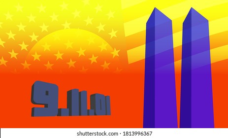 3d 911 poster. Two translucent blue stylistic skyscrapers on an orange-yellow background and the American flag. EPS10