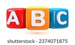 3D abc cubes. Multi-colored vector children's toys made of plastic in the shape of squares on a white background with the image of letters. Elements of play and learning.