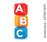3D abc cubes. Multi-colored vector children's toys made of plastic in the shape of squares on a white background with the image of letters. Elements of play and learning.