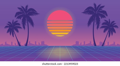 3d abstract 1980's retrowave, cyberpunk background with copy space, neon perspective grid, vector illustration
