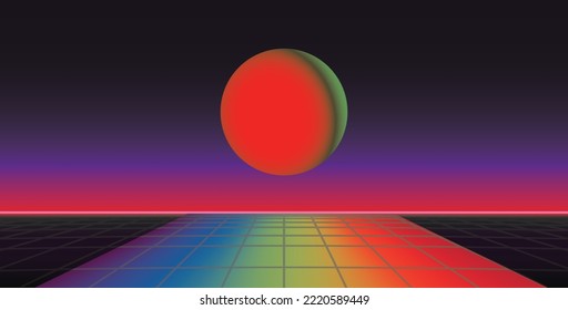 3d abstract 1980's retrowave, cyberpunk background with copy space, neon perspective grid, vector illustration